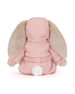 Back view of a plush bunny toy wearing a pink hooded jacket with beige floppy ears and a white fluffy tail, featuring elastic bands around the waist and cuffs.