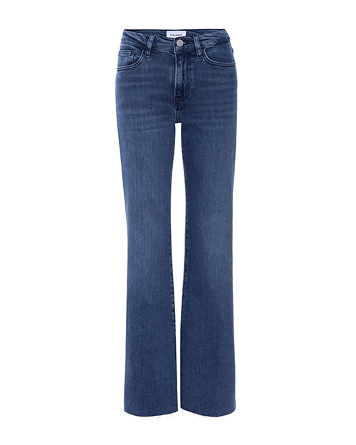 A pair of mid-rise, flared jeans in a medium blue wash with subtle fading. The jeans feature a classic five-pocket design, visible stitching in a contrasting golden thread, belt loops around the waistband, and a front zipper with silver a button closure. 