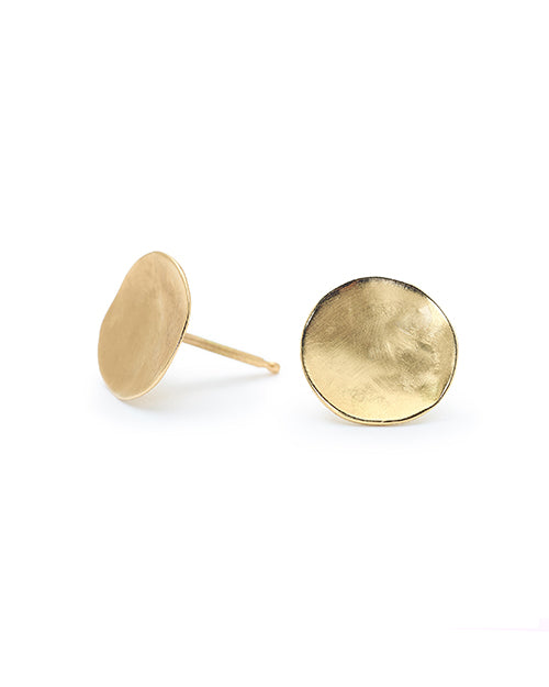 Hammered Concave Gold Disc Earrings on white background.