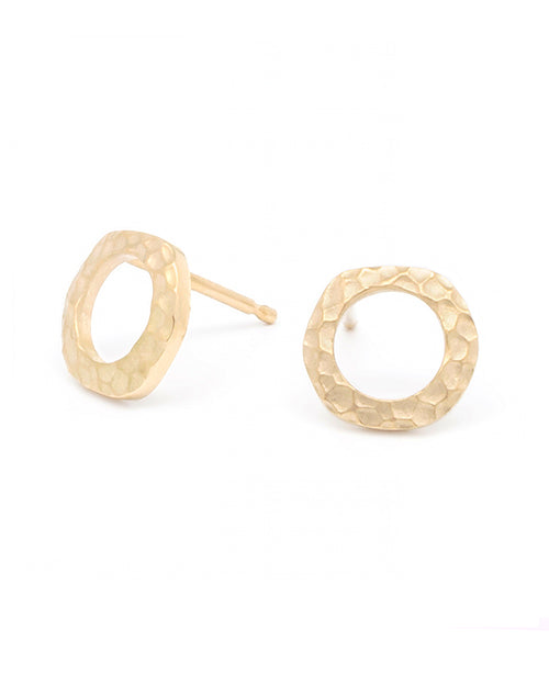 Open Hammered Circle Stud Earrings on white background.