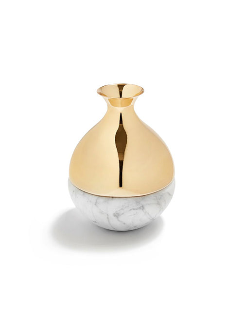 Marble bud vase is made from Carrara Marble at the bottom and polish gold on the top. White background.