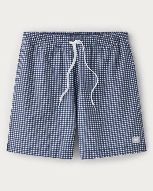 Navy and white gingham swim trunks with an elastic waistband, white drawstring closure, and relaxed fit displayed on a light gray background.