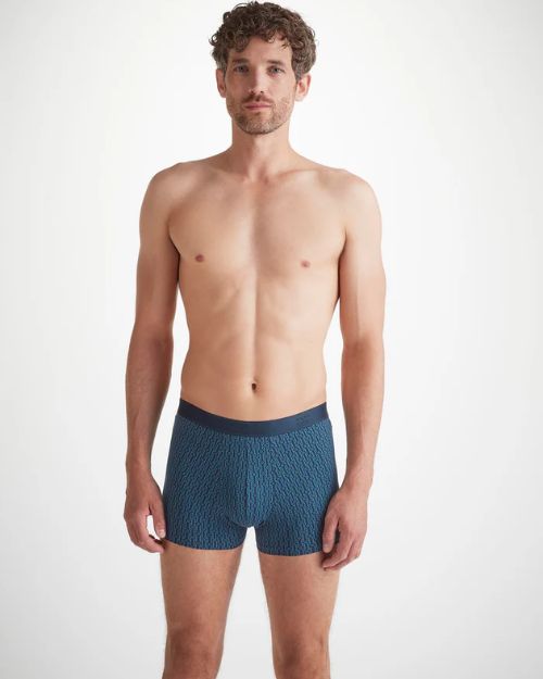 Image of a man from the knees up wearing men's boxer brief with nautical knot print
