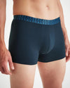 Up-close image of navy-blue boxer briefs with nautical knots print along the waistband