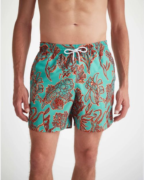 An image of a man standing from the below the knees to his chest wearing swim shorts.  The turquoise men's swim shorts have dark red shadowed with neon orange drawings of an array of seaweed, kelp, and octopuses' legs.  The top of the swim shorts has an elastic waistband with a drawstring tie. 
