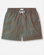 Men's swim shorts that are blue and have orange nautical knots and ropes going vertically down in rows across the swim shorts.  The swim shorts have a fully elasticated waistband and white drawstring tie.