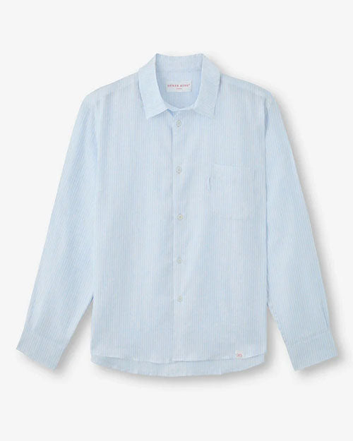  Light blue and white striped pure linen long sleeve shirt with a button-down collar.