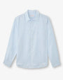  Light blue and white striped pure linen long sleeve shirt with a button-down collar.