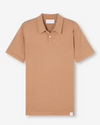 Image of a camel color short sleeve polo shirt with a ribbed collar and two mother of pearl buttons