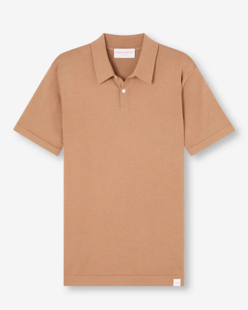 Image of a camel color short sleeve polo shirt with a ribbed collar and two mother of pearl buttons