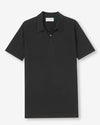 Image of a black color short sleeve polo shirt with a ribbed collar and two mother of pearl buttons
