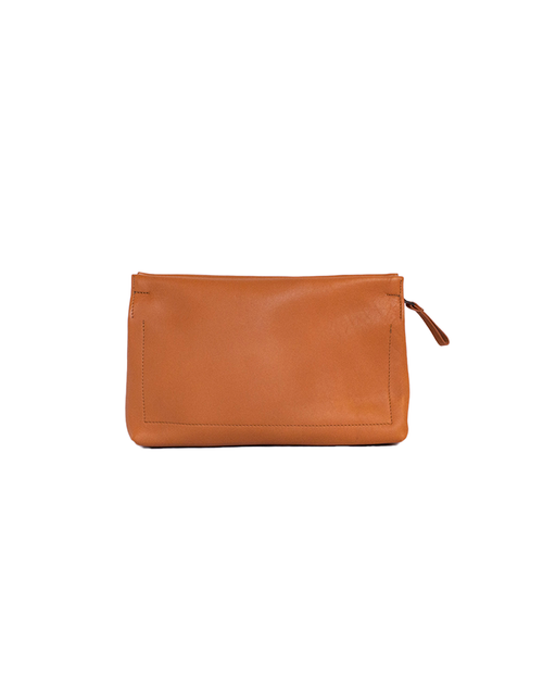 Front view of the orange-tint leather pouch in front of white background.