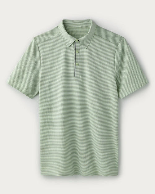 Light green striped performance polo shirt with short sleeves, classic collar, two-button placket, and athletic fit displayed on a light gray background.
