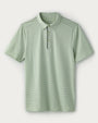 Light green striped performance polo shirt with short sleeves, classic collar, two-button placket, and athletic fit displayed on a light gray background.