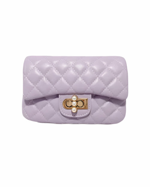 A stylish purple purses with gold accents, including a quilted texture, golden clasp, pearl charm, and detachable chain.