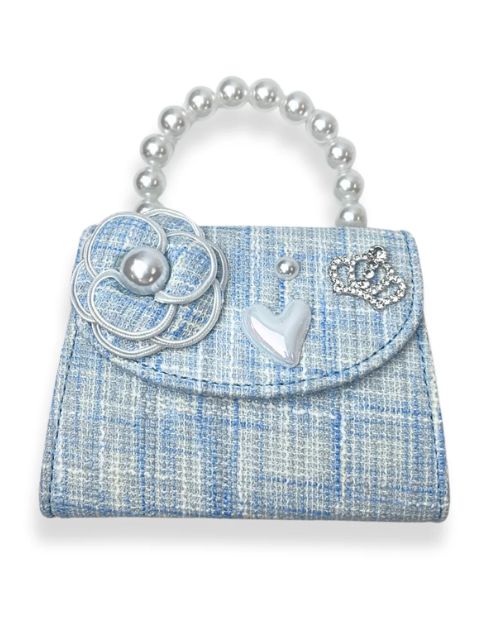 Little girls blue tweed pearl handle purse. On the flap there is a tweed flower with a pearl in the middle of it, pearl heart charm, large pearl charm, and a rhinestone crown charm
