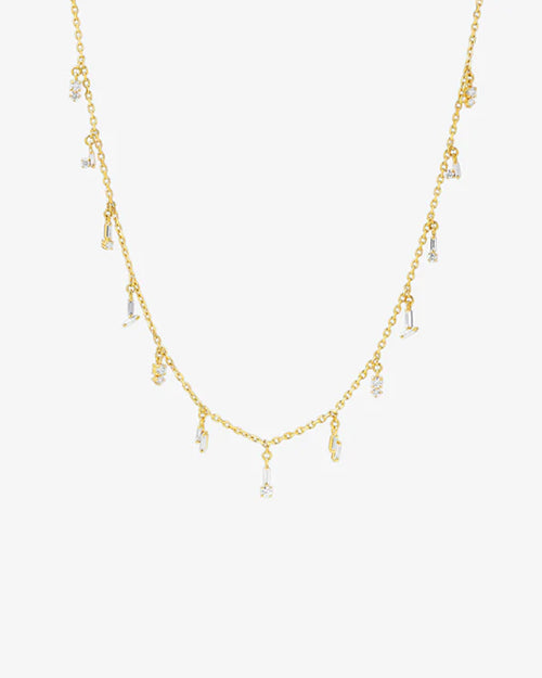 Yellow gold chain drop necklace with baguette cut and round diamonds