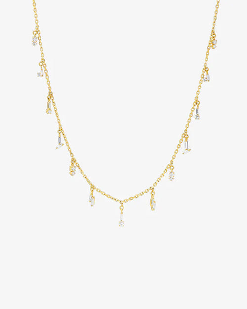 Yellow gold chain drop necklace with baguette cut and round diamonds