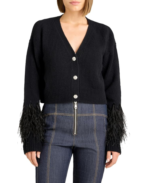CINQ A SEPT | Bria Feather Cardigan | Black