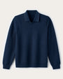 Men's navy blue textured knit long-sleeve polo sweater with ribbed collar, cuffs, and hem displayed on a light gray background.