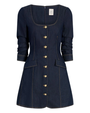 A dark denim button-front mini dress with gold buttons on a plain background.
