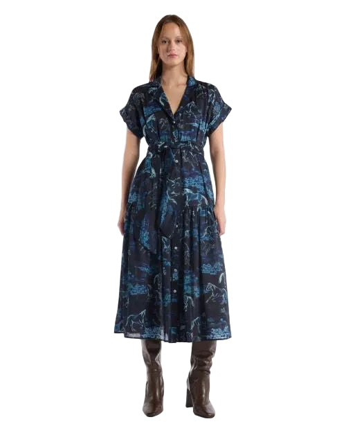 A blue dress adorned with a unique horse print, highlighting its fashionable appearance.