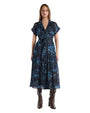 A blue dress adorned with a unique horse print, highlighting its fashionable appearance.