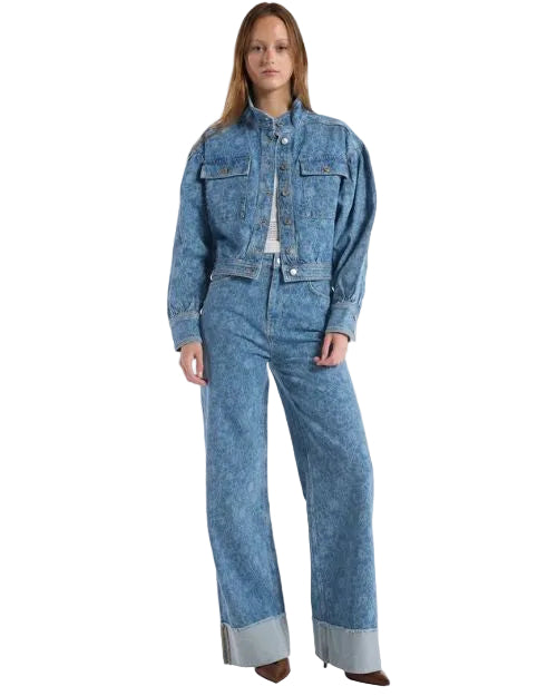 A denim jacket styled with wide-leg pants, representing a contemporary and fashionable ensemble.