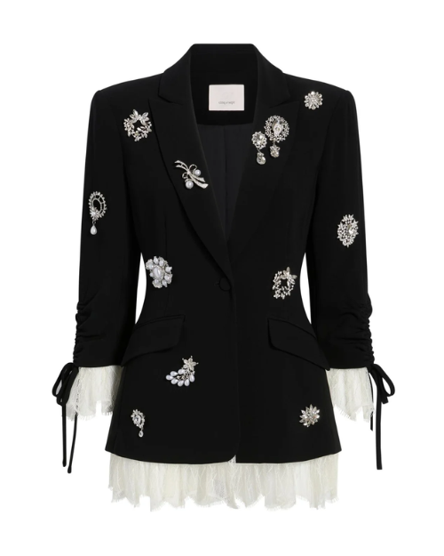 CINQ A SEPT | Crystal Brooch Roxie Blazer | Black & Ivory
