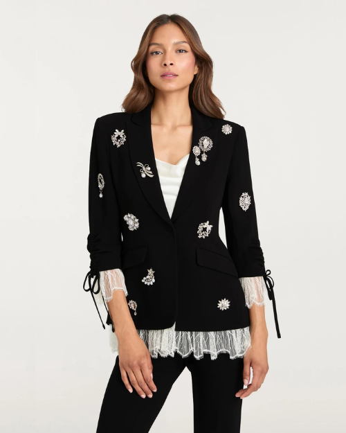 CINQ A SEPT | Crystal Brooch Roxie Blazer | Black & Ivory
