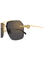 A pair of sunglasses featuring gold metal arms and dark grey lenses, stylish and modern in design.
