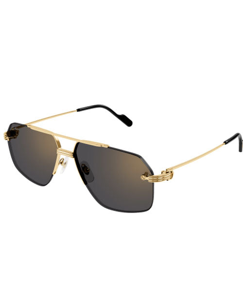Gold sunglasses with a metal frame and grey lenses, stylishly designed for a modern look.