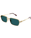 A pair of thin framed, gold rectangular sunglasses with blue lenses against a white background.