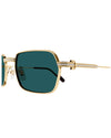 A close-up hinge shot of a pair of thin framed, gold and silver rectangular sunglasses with blue lenses against a white background. 