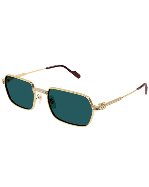 A pair of thin framed, gold rectangular sunglasses with blue lenses against a white background.