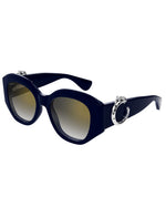 A stylish pair of sunglasses showcasing a metal frame and a contrasting blue frame.