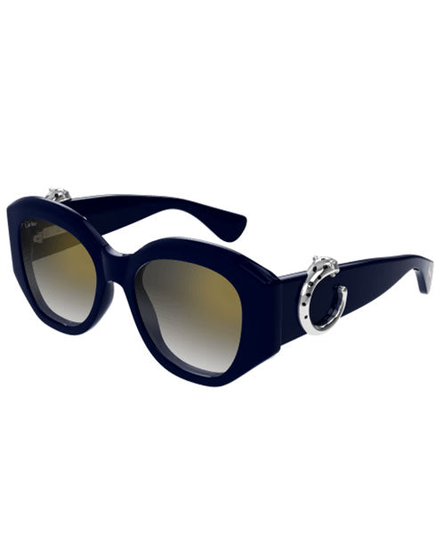 A stylish pair of sunglasses showcasing a metal frame and a contrasting blue frame.
