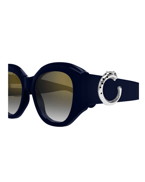 A pair of sunglasses featuring a stylish metal ring on the side for added design and flair.