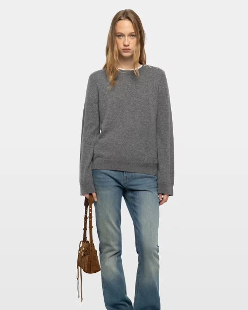 Gray crew neck sweater with silver embellished shoulder details