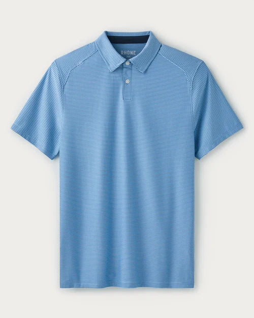 Blue striped performance polo shirt with short sleeves, classic collar, and two-button placket displayed on a light gray background.