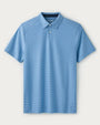 Blue striped performance polo shirt with short sleeves, classic collar, and two-button placket displayed on a light gray background.