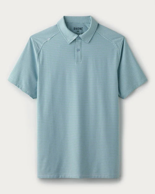 Light blue striped performance polo shirt with short sleeves, classic collar, and two-button placket displayed on a light gray background.