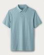 Light blue striped performance polo shirt with short sleeves, classic collar, and two-button placket displayed on a light gray background.