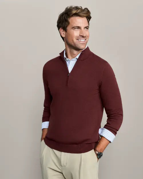 Men's burgundy quarter-zip sweater with a mock neck and ribbed trim