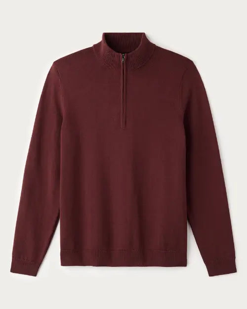 Men's burgundy mock neck quarter-zip knit sweater with long sleeves and ribbed trim