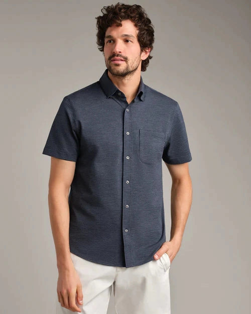 RHONE | Commuter® Seersucker Short Sleeve Button Down Shirt | Navy Chambray