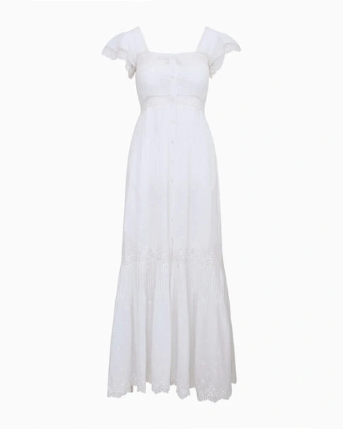 White maxi dress with flutter sleeves, a square neckline, button-front detail, fitted empire waist, and a flowing tiered skirt on a white background.