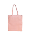 Soft pink leather tote in front of white background.