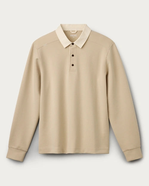Men's beige long-sleeve polo shirt with classic collar, three-button placket, and ribbed cuffs displayed on a light gray background.