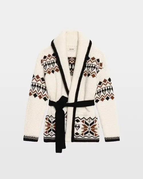 Ivory knit cardigan with geometric Fair Isle pattern and black tie belt